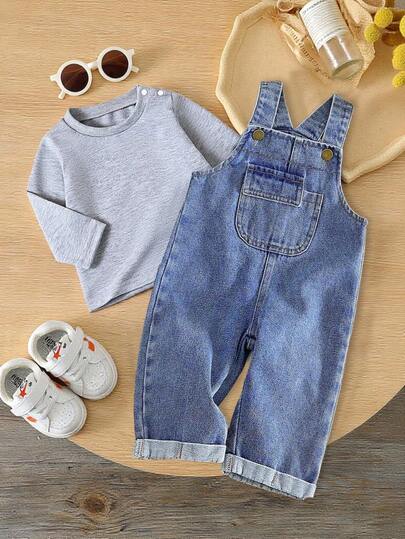 SHEIN Vintaside Kids طقم بنطال جينز وتي شيرت بأكمام طويلة للرضع موضة