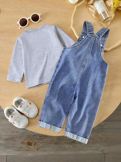 SHEIN Vintaside Kids طقم بنطال جينز وتي شيرت بأكمام طويلة للرضع موضة