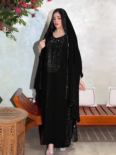 فستان نسائي أسلوب الشرق الأوسط مرصع بالراين أكمام طويلة باللون البنفسجي والأسود للربيع