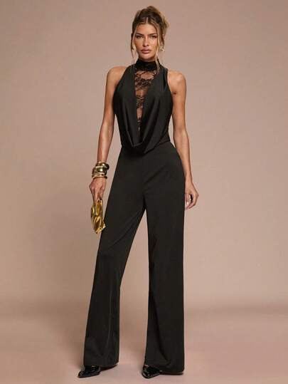 SHEIN BAE جمبسوت نسائية بدون أكمام من قماش الدانتيل بلون واحد