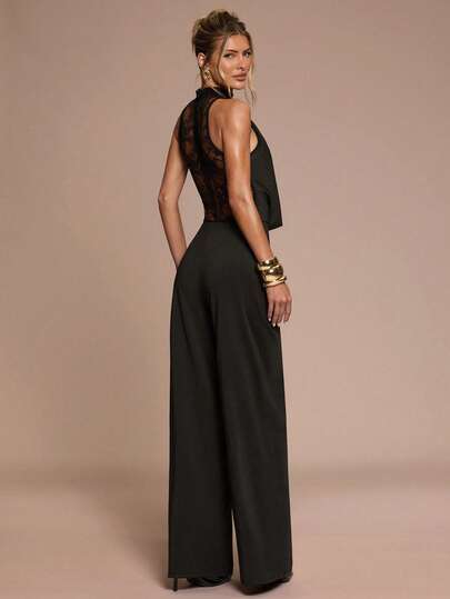 SHEIN BAE جمبسوت نسائية بدون أكمام من قماش الدانتيل بلون واحد