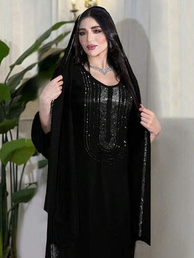 فستان نسائي أسلوب الشرق الأوسط مرصع بالراين أكمام طويلة باللون البنفسجي والأسود للربيع