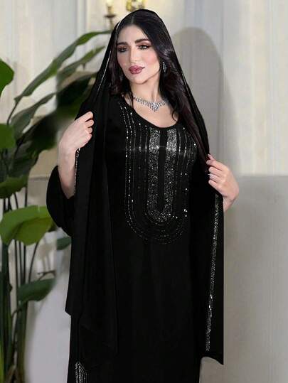 فستان نسائي أسلوب الشرق الأوسط مرصع بالراين أكمام طويلة باللون البنفسجي والأسود للربيع