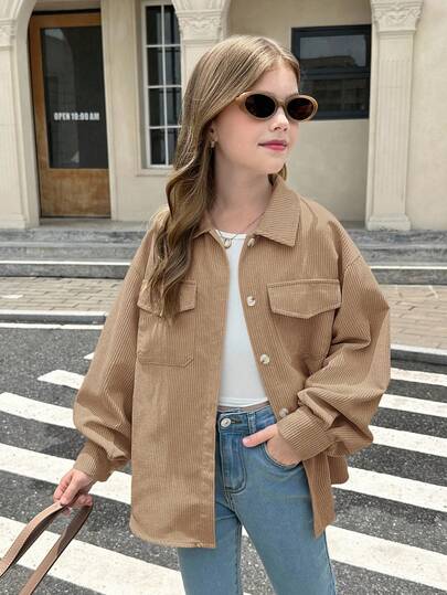 SHEIN معطف طويل الأكمام بجيب قابل للطي من الكوردوروي البني الداكن للفتيات المراهقات، للارتداء اليومي الكاجوال في فصلي الخريف والشتاء