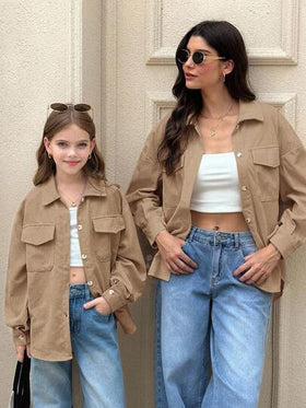SHEIN معطف طويل الأكمام بجيب قابل للطي من الكوردوروي البني الداكن للفتيات المراهقات، للارتداء اليومي الكاجوال في فصلي الخريف والشتاء