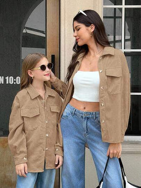SHEIN معطف طويل الأكمام بجيب قابل للطي من الكوردوروي البني الداكن للفتيات المراهقات، للارتداء اليومي الكاجوال في فصلي الخريف والشتاء