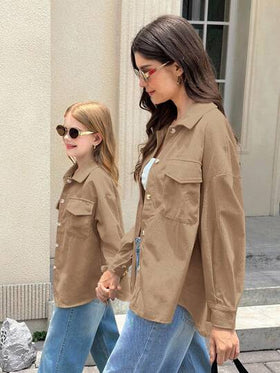 SHEIN معطف طويل الأكمام بجيب قابل للطي من الكوردوروي البني الداكن للفتيات المراهقات، للارتداء اليومي الكاجوال في فصلي الخريف والشتاء