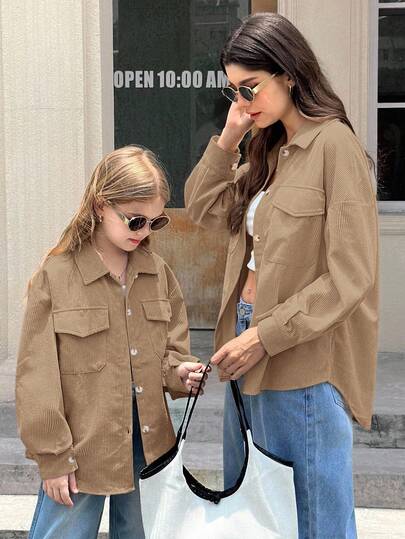 SHEIN معطف طويل الأكمام بجيب قابل للطي من الكوردوروي البني الداكن للفتيات المراهقات، للارتداء اليومي الكاجوال في فصلي الخريف والشتاء