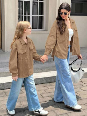 SHEIN معطف طويل الأكمام بجيب قابل للطي من الكوردوروي البني الداكن للفتيات المراهقات، للارتداء اليومي الكاجوال في فصلي الخريف والشتاء