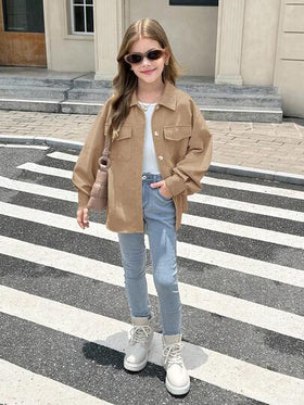 SHEIN معطف طويل الأكمام بجيب قابل للطي من الكوردوروي البني الداكن للفتيات المراهقات، للارتداء اليومي الكاجوال في فصلي الخريف والشتاء