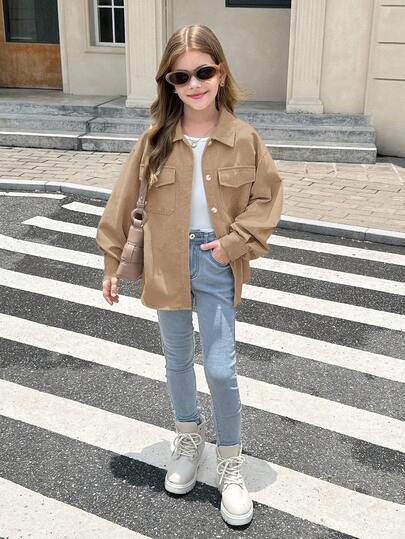 SHEIN معطف طويل الأكمام بجيب قابل للطي من الكوردوروي البني الداكن للفتيات المراهقات، للارتداء اليومي الكاجوال في فصلي الخريف والشتاء