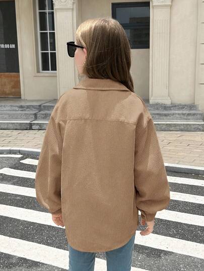 SHEIN معطف طويل الأكمام بجيب قابل للطي من الكوردوروي البني الداكن للفتيات المراهقات، للارتداء اليومي الكاجوال في فصلي الخريف والشتاء