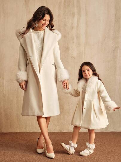 SHEIN معطف أبيض طويل للبنات، أزرار اللؤلؤ على الياقة على شكل V، ملابس خارجية أنيقة للخريف/الشتاء، ملابس عائلية متناسقة