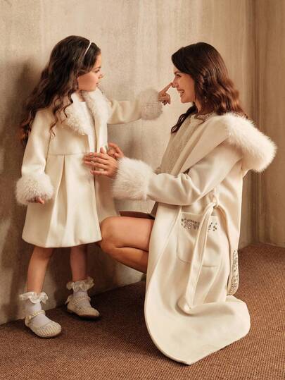 SHEIN معطف أبيض طويل للبنات، أزرار اللؤلؤ على الياقة على شكل V، ملابس خارجية أنيقة للخريف/الشتاء، ملابس عائلية متناسقة