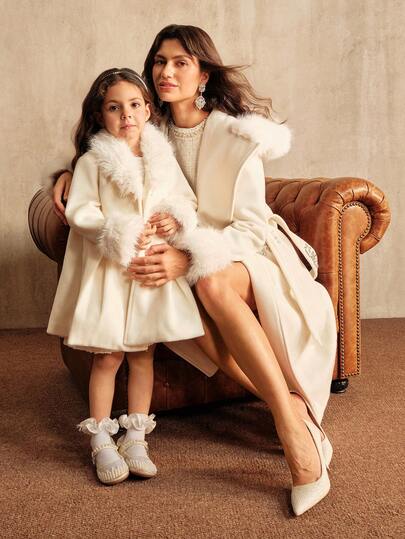 SHEIN معطف أبيض طويل للبنات، أزرار اللؤلؤ على الياقة على شكل V، ملابس خارجية أنيقة للخريف/الشتاء، ملابس عائلية متناسقة