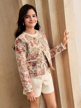 SHEIN جاكيت قصيرة مطبوعة بطراز زهري رجعي للبنات، مناسبة للخروجات والتجمعات