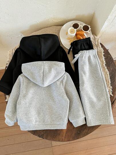 LMoss Kids 4 قطع طقم جاكيت ذات قبعة وبنطلون للأطفال الصبيان من الصوف ذات لون واحد، بدلة رياضية للأطفال، طقم جاكيت ذات قبعة وبنطلون للأطفال، طقم خريف وشتاء للأطفال، طقم كاجوال للأطفال، طقم جاكيت ذات قبعة للأطفال الصبيان، أنماط مريحة للخريف والشتاء، أنماط د
