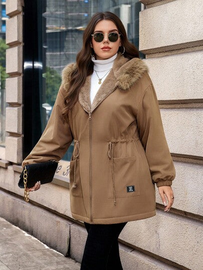 SHEIN Clasi معطف كاجوال مبطن بفرو الأرنب مع قبعة