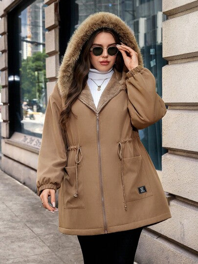 SHEIN Clasi معطف كاجوال مبطن بفرو الأرنب مع قبعة