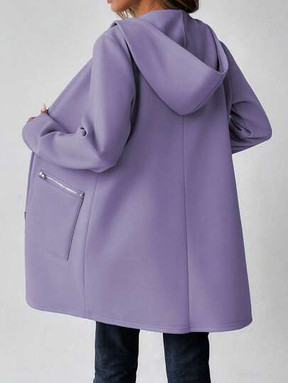 SHEIN LUNE معطف هوديي طويل الأكمام للنساء، ذو كتف منخفض، من قماش البلوفر، مزين بسحاب، متوسط الطول، كاجوال