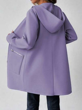 SHEIN LUNE معطف هوديي طويل الأكمام للنساء، ذو كتف منخفض، من قماش البلوفر، مزين بسحاب، متوسط الطول، كاجوال