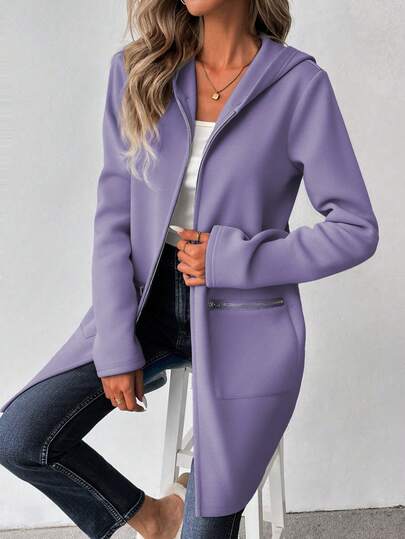 SHEIN LUNE معطف هوديي طويل الأكمام للنساء، ذو كتف منخفض، من قماش البلوفر، مزين بسحاب، متوسط الطول، كاجوال