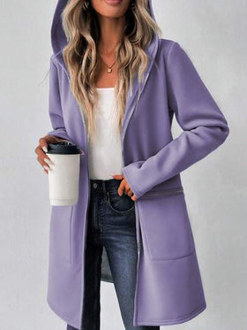 SHEIN LUNE معطف هوديي طويل الأكمام للنساء، ذو كتف منخفض، من قماش البلوفر، مزين بسحاب، متوسط الطول، كاجوال