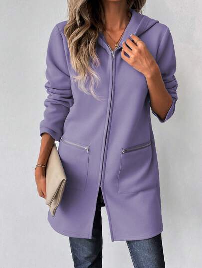 SHEIN LUNE معطف هوديي طويل الأكمام للنساء، ذو كتف منخفض، من قماش البلوفر، مزين بسحاب، متوسط الطول، كاجوال