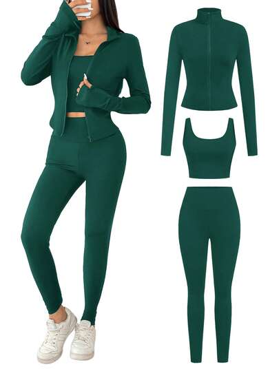 SHEIN EZwear 3 قطع مجموعة رياضية نسائية من الأكريليك البني