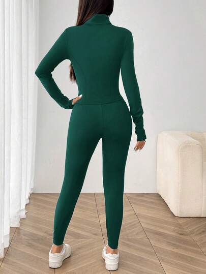 SHEIN EZwear 3 قطع مجموعة رياضية نسائية من الأكريليك البني