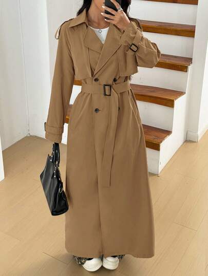SHEIN EZwear معطف كاميلي طويل مزدوج الصدر مربوط بحزام، أنيق وعصري للنساء، خريفي
