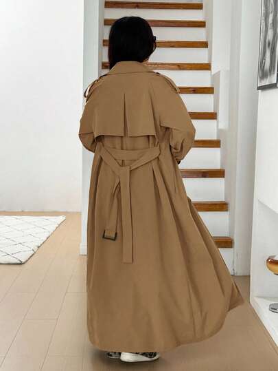 SHEIN EZwear معطف كاميلي طويل مزدوج الصدر مربوط بحزام، أنيق وعصري للنساء، خريفي