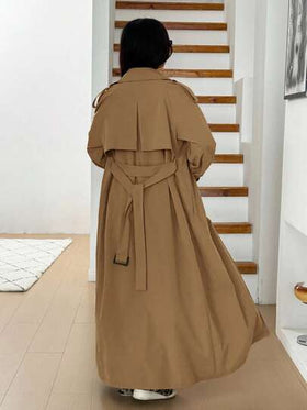 SHEIN EZwear معطف كاميلي طويل مزدوج الصدر مربوط بحزام، أنيق وعصري للنساء، خريفي