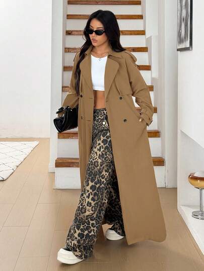 SHEIN EZwear معطف كاميلي طويل مزدوج الصدر مربوط بحزام، أنيق وعصري للنساء، خريفي