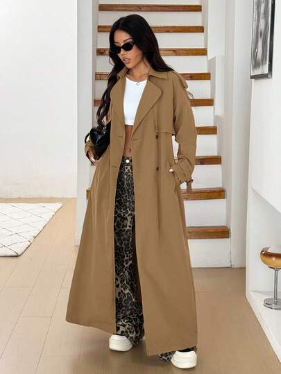 SHEIN EZwear معطف كاميلي طويل مزدوج الصدر مربوط بحزام، أنيق وعصري للنساء، خريفي