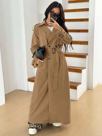SHEIN EZwear معطف كاميلي طويل مزدوج الصدر مربوط بحزام، أنيق وعصري للنساء، خريفي