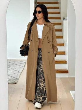 SHEIN EZwear معطف كاميلي طويل مزدوج الصدر مربوط بحزام، أنيق وعصري للنساء، خريفي