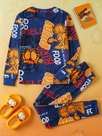 GARFIELD | SHEIN بيجامة مكونة من بلوزة رقبة طاقم وبنطلون مطبوع عليها طباعة جرافيتي إنجليزية مرنة، مناسبة للمراهقين، للخريف/الشتاء