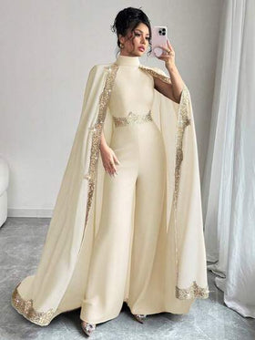 Rafferiza جمبسوت أنيقة للنساء مع رسومات، تصميم كيب طوق عالي ولحاف, ساقين واسعتين