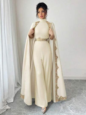 Rafferiza جمبسوت أنيقة للنساء مع رسومات، تصميم كيب طوق عالي ولحاف, ساقين واسعتين