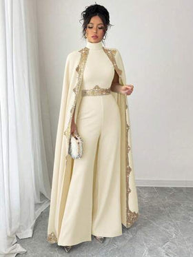 Rafferiza جمبسوت أنيقة للنساء مع رسومات، تصميم كيب طوق عالي ولحاف, ساقين واسعتين