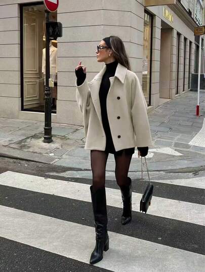 Buzzelle معطف نسائي أنيق من خليط الصوف اللون البيج، تصميم بسيط مع أزرار أمامية للشتاء