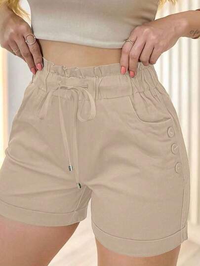 SHEIN LUNE شورت كاجوال صيفي للنساء بخصر رباط لون سادة