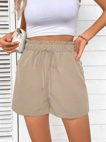 SHEIN LUNE شورت كاجوال صيفي للنساء بخصر رباط لون سادة