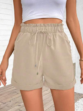 SHEIN LUNE شورت كاجوال صيفي للنساء بخصر رباط لون سادة