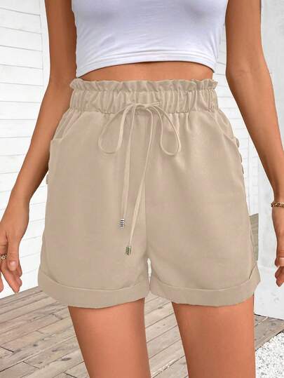 SHEIN LUNE شورت كاجوال صيفي للنساء بخصر رباط لون سادة
