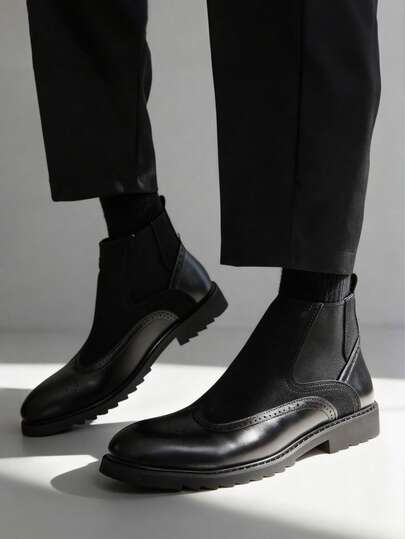بوت تشيلسي رجالية رجعية مصممة بنمط الانزلاق على الشريط برؤوس مدببة، بوت كاحل متوسطة من الجلد الأحمر الفاخر، بوت جلدية ناعمة سادة للرجال، بوت رسمية اجتماعية أنيقة مزودة بنعل مسننة مريح للاستخدام اليومي والمكتبي والحفلات والمناسبات الرومانسية وهدايا العودة