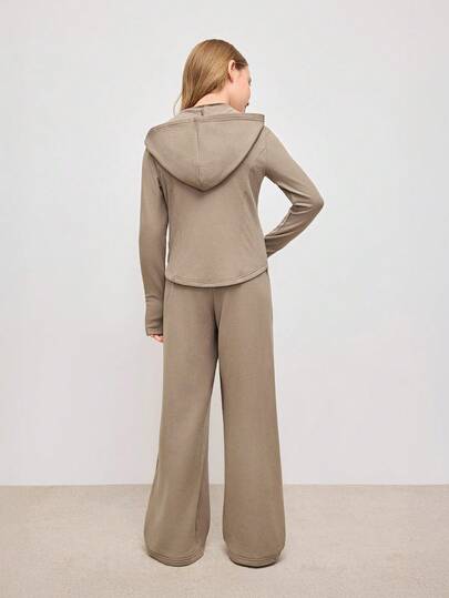 SHEIN مجموعة هودي جمل للفتيات المراهقات، ملابس رياضية كاجوال قطعتين، بلوزة كم طويل وبنطلون جوجر، بدلة رياضية للمدرسة والجري، قطع ملابس ناعمة دافئة من الفليس