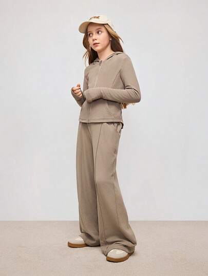 SHEIN مجموعة هودي جمل للفتيات المراهقات، ملابس رياضية كاجوال قطعتين، بلوزة كم طويل وبنطلون جوجر، بدلة رياضية للمدرسة والجري، قطع ملابس ناعمة دافئة من الفليس