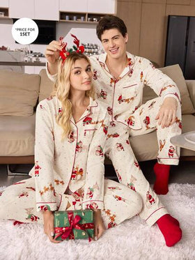 CoupledUp بيجامة عيد الميلاد طباعة رسومات الثلج والرنة وسانتا كلوز، ملابس علوية كم طويل وبنطلون لون بيج، ملابس شتوية للرجال